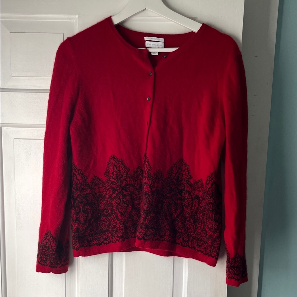 Charter Club 100% Cashmere Red Cardigan with Black Lace Detail